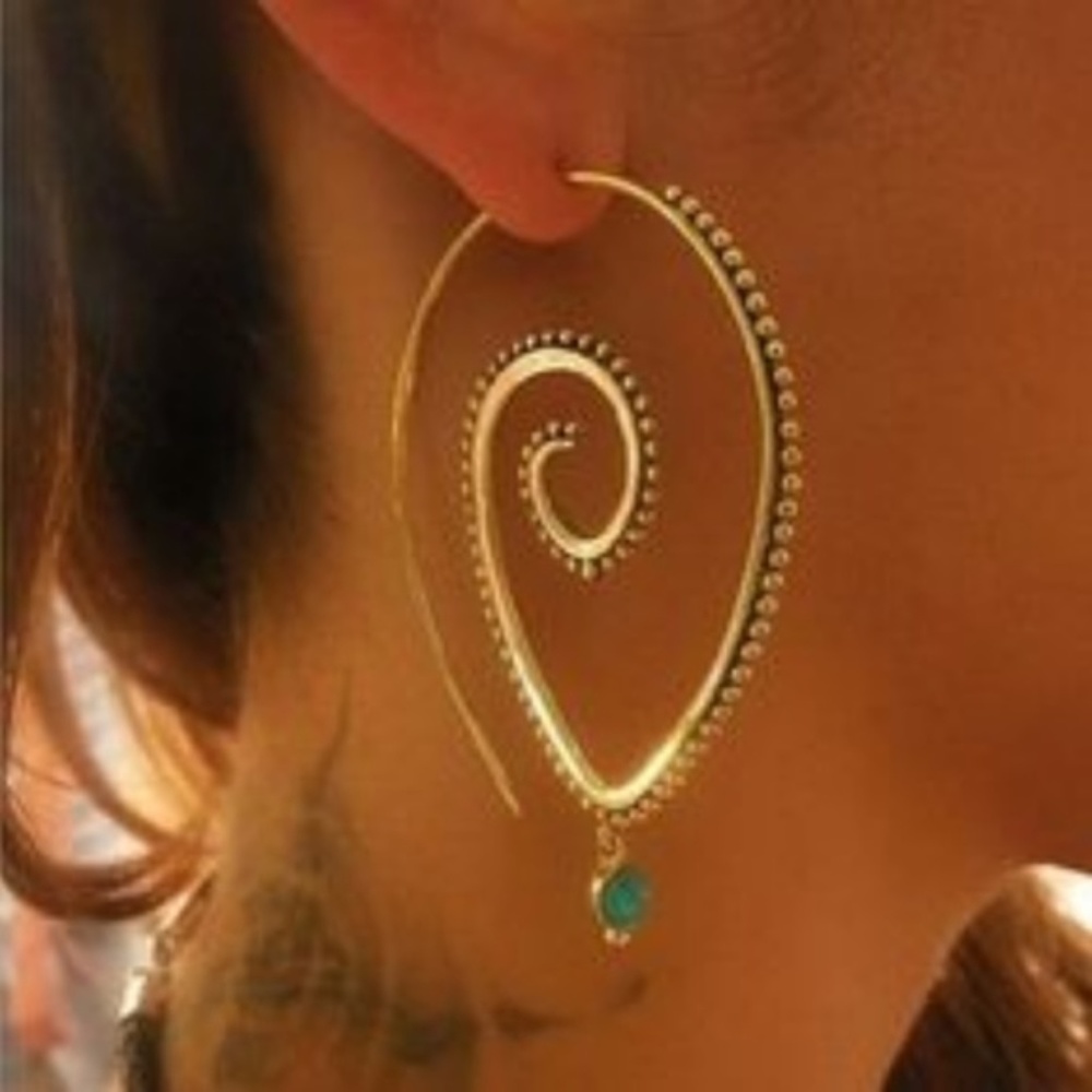 Spiral Boho Gold & Green Drop Infinity Earrings - Picture 1 of 4